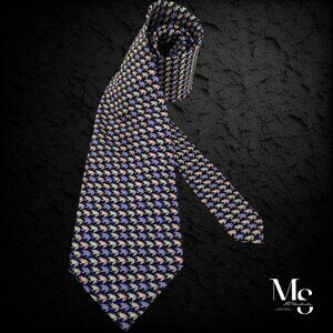 TANGO Blue Frog Print Hand Made Silk Tie W: 4" EX COND